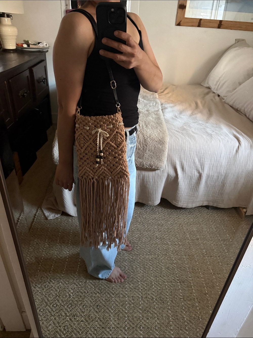 Boho Handwoven Macramé Crossbody Bag - Tan - Picture 9 of 15
